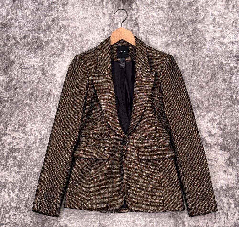 Smythe Peaked Lapel Blazer Metallic Gold 4 Womens Wool Blend Jacket